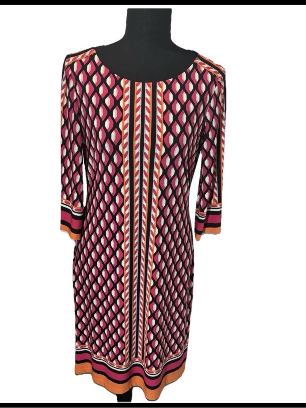 Calvin Klein Geometric 3/4 Sleeve Pink/Orange Multi Sheath Dress Size 10
